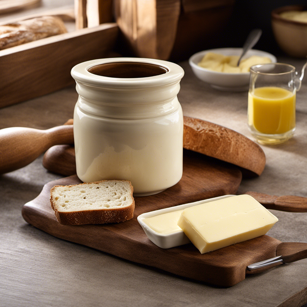 An image showcasing a rustic kitchen countertop with a traditional, ceramic butter keeper
