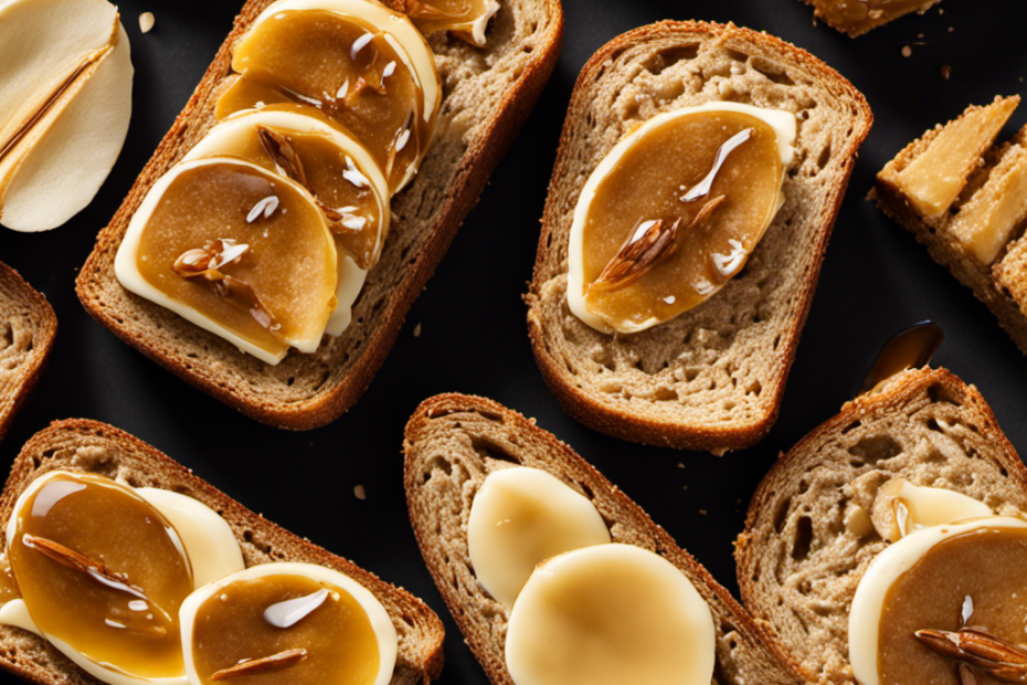 An image showcasing a slice of whole wheat toast, perfectly golden and crisp, generously spread with creamy almond butter