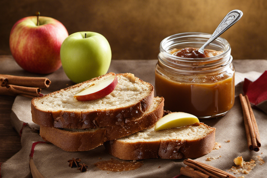 An image showcasing a slice of warm, toasted artisanal bread smeared with velvety apple butter, adorned with delicate apple slices and a sprinkling of cinnamon, inviting readers to explore the delectable world of this autumnal condiment
