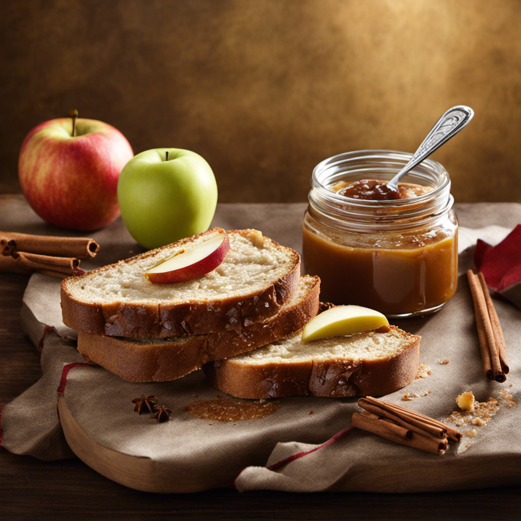 An image showcasing a slice of warm, toasted artisanal bread smeared with velvety apple butter, adorned with delicate apple slices and a sprinkling of cinnamon, inviting readers to explore the delectable world of this autumnal condiment