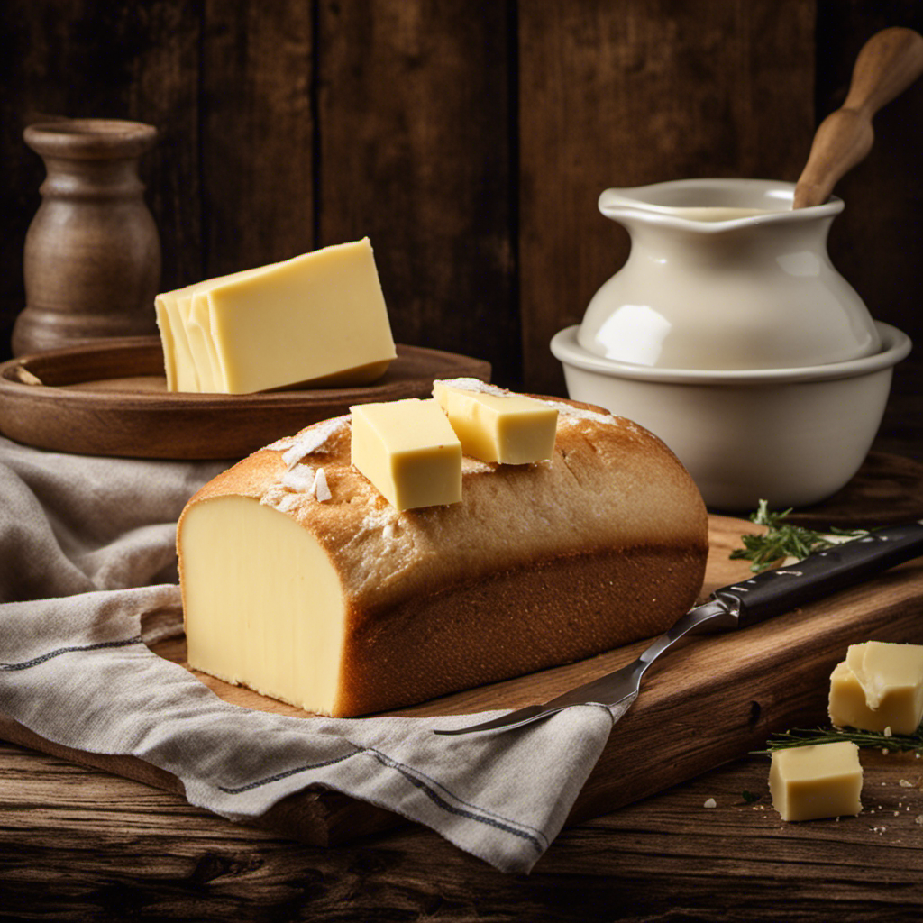 An image showcasing a hand effortlessly spreading soft, creamy butter from a Butter Bell crock onto a warm slice of bread, with a gentle stream of melted butter trailing behind, all against a rustic wooden backdrop