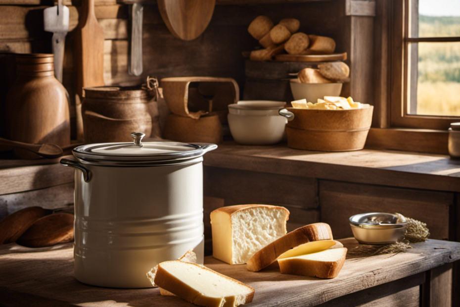 An image showcasing a rustic kitchen countertop with a weathered wooden butter crock filled with creamy butter, surrounded by fresh bread slices, a butter knife, and a hint of morning sunlight streaming through a nearby window