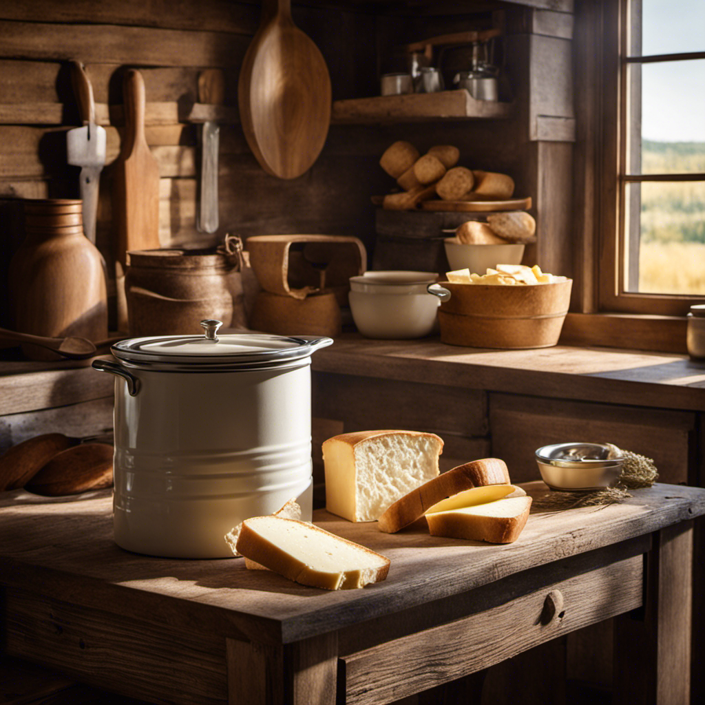 An image showcasing a rustic kitchen countertop with a weathered wooden butter crock filled with creamy butter, surrounded by fresh bread slices, a butter knife, and a hint of morning sunlight streaming through a nearby window