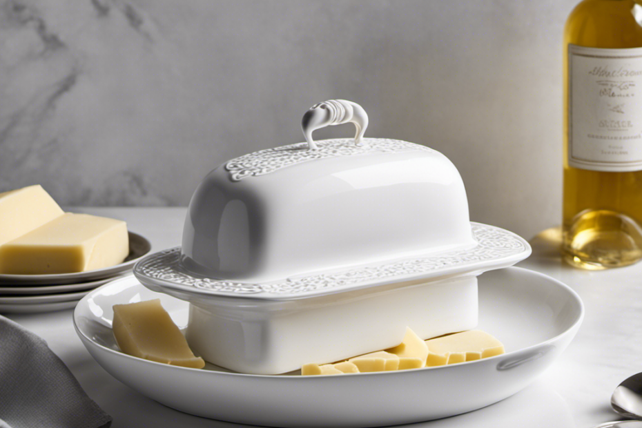 An image that showcases a clean, white kitchen countertop with a sleek, ceramic butter dish placed in the center