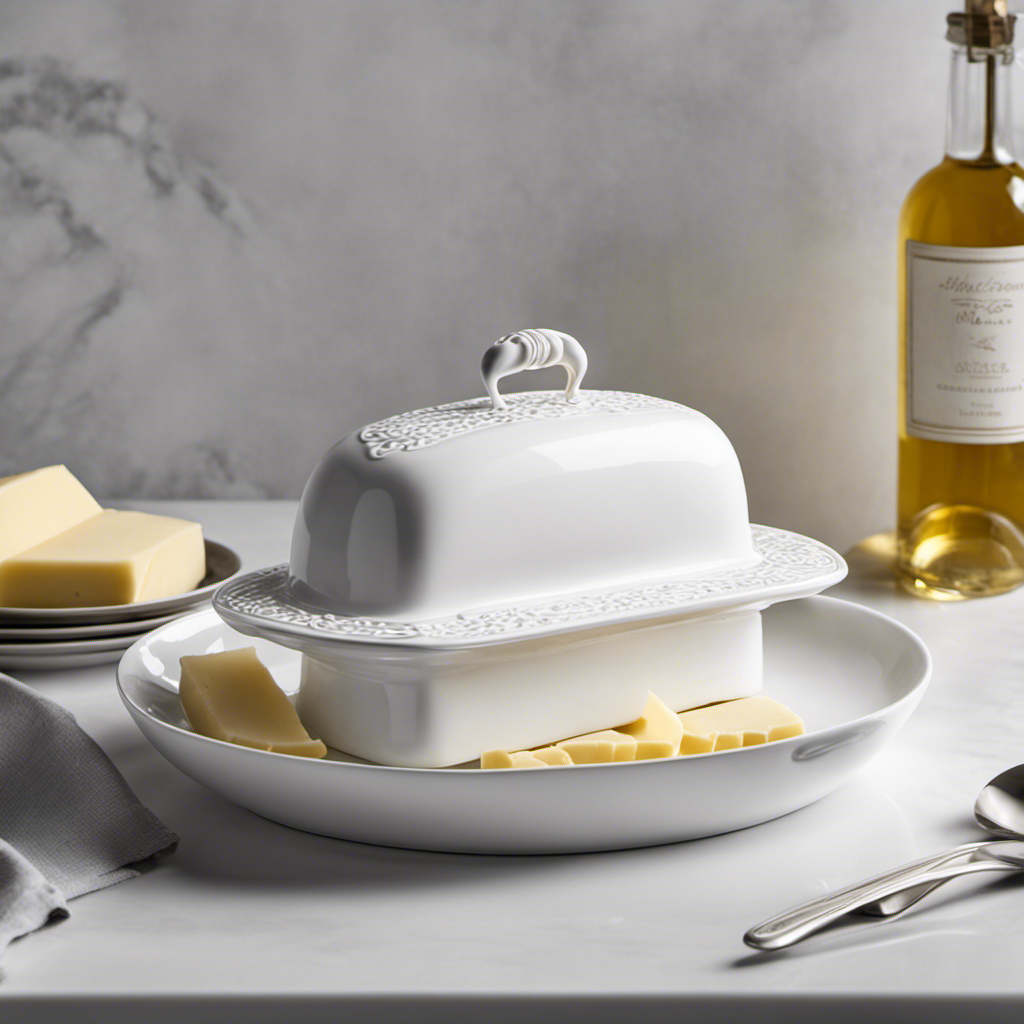 An image that showcases a clean, white kitchen countertop with a sleek, ceramic butter dish placed in the center