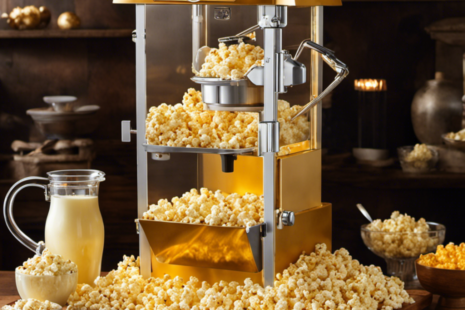 An image showcasing a golden-hued, freshly-popped batch of popcorn overflowing from the Nostalgia Popcorn Maker