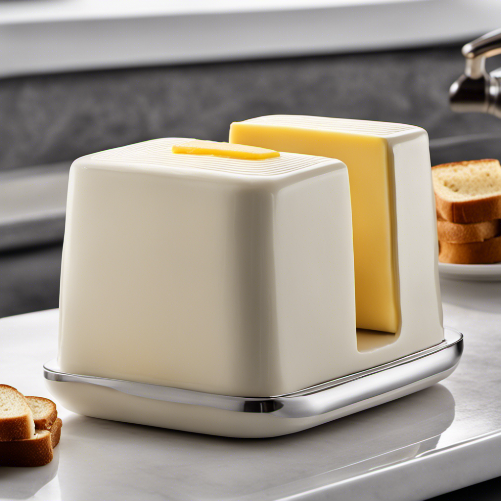 An image showcasing a countertop with a sleek, opaque butter keeper filled to its brim with creamy butter, while a hand gracefully spreads a thick layer of butter onto a warm slice of toast