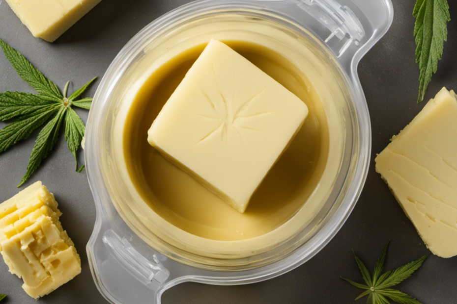 An image showcasing the step-by-step process of using a butter maker for THC-infused butter: melting cannabis, adding butter, simmering the mixture, and straining it into a container