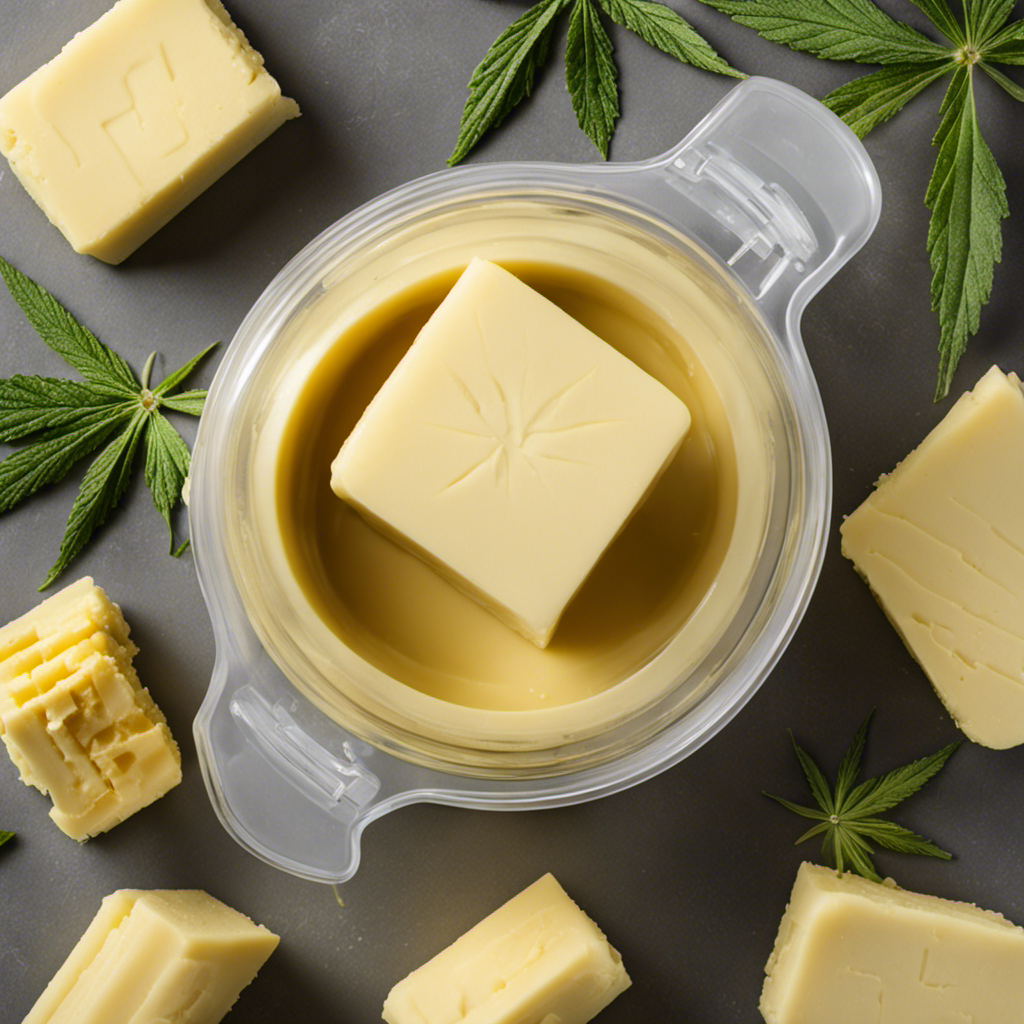 An image showcasing the step-by-step process of using a butter maker for THC-infused butter: melting cannabis, adding butter, simmering the mixture, and straining it into a container