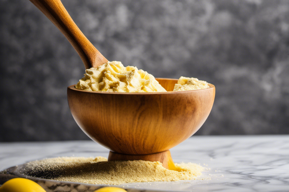 An image showcasing a rustic wooden spoon dipping into a vibrant yellow bowl filled with creamy butter powder
