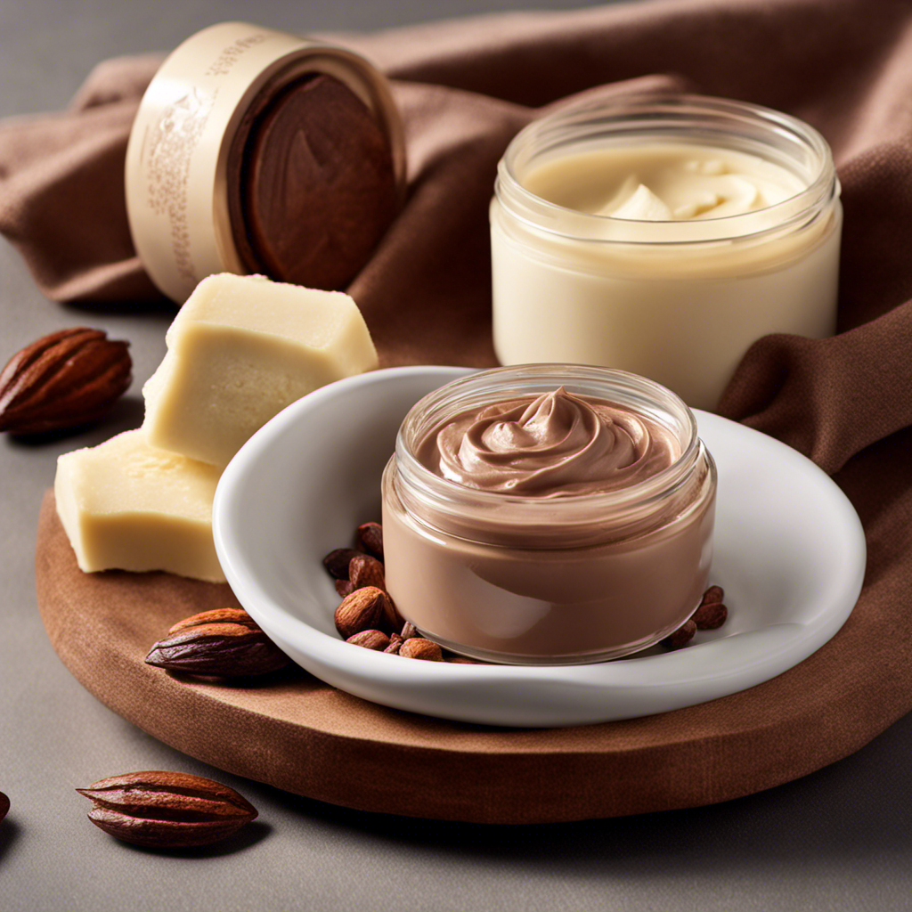 An image showcasing a pair of hands gently massaging creamy cocoa butter onto smooth, glowing skin