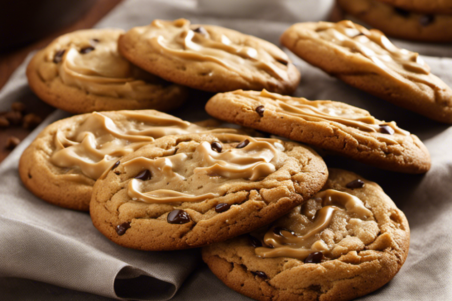 An image that showcases a golden-brown, freshly baked cookie, still warm from the oven, being generously slathered with creamy, decadent cookie butter, oozing from the spoon onto the cookie's surface