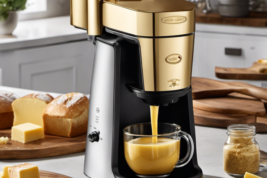 An image showcasing a buttery, golden liquid being poured into the Easy Butter Maker, while the user effortlessly turns the handle with a smile, surrounded by a warm kitchen ambiance