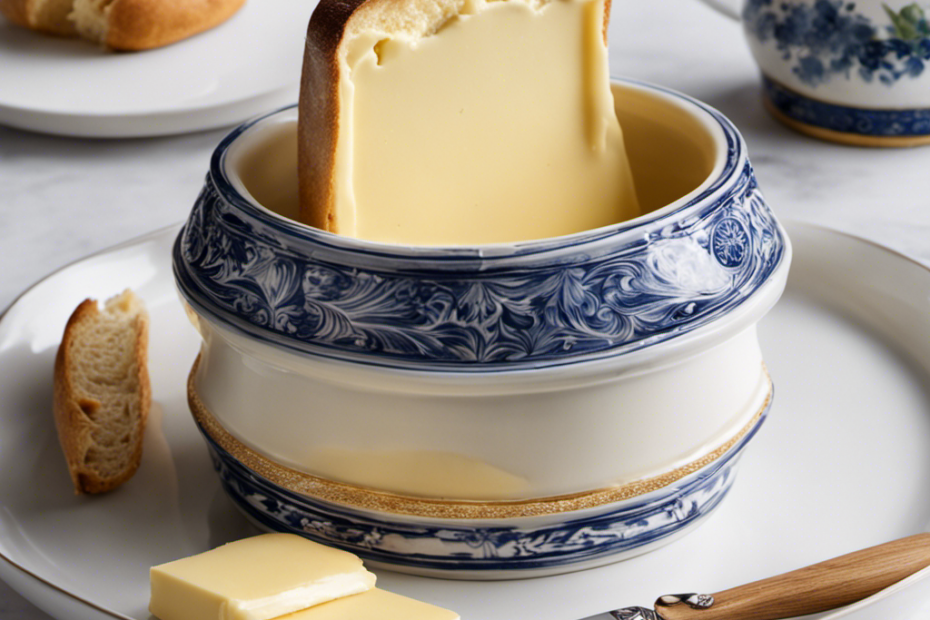 An image showcasing a hand gracefully holding a ceramic French butter dish, with a pat of creamy butter resting on the lid