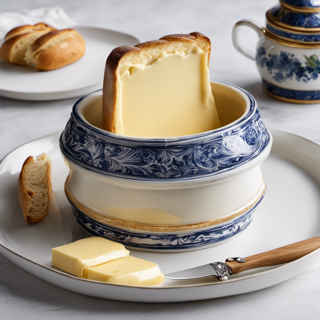 An image showcasing a hand gracefully holding a ceramic French butter dish, with a pat of creamy butter resting on the lid