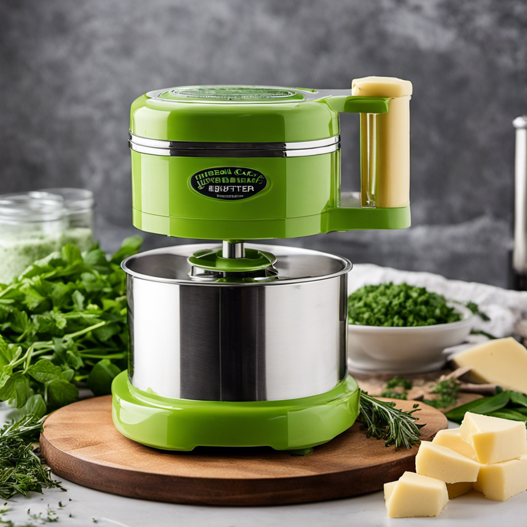 An image showcasing the step-by-step process of using the Herbal Chef Butter Maker, capturing the vibrant green herbs being infused into butter, the machine's sleek design, and the final homemade herb-infused butter in a jar