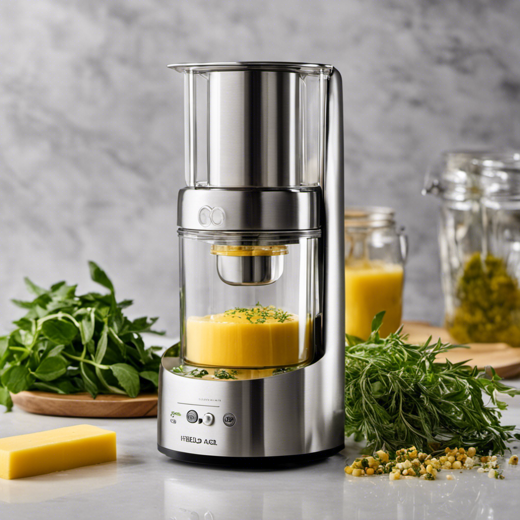 An image showcasing a sleek, stainless steel Herbal Chef Electric Butter Infuser on a pristine kitchen counter