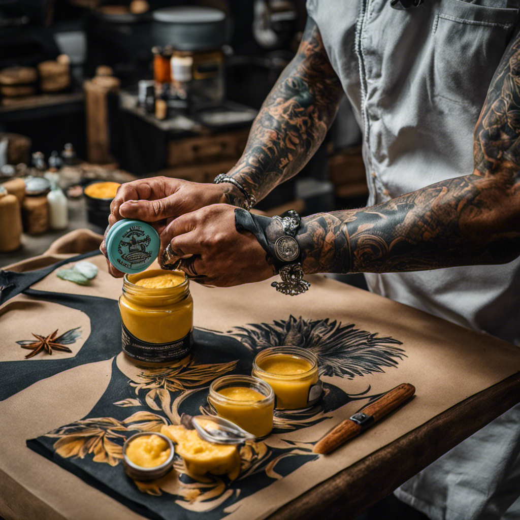 An image showcasing a tattoo artist's hands gently massaging Hustle Butter onto a vibrant, freshly inked tattoo
