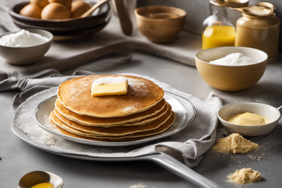 An image showcasing a kitchen countertop with a mixing bowl filled with fluffy golden pancakes, a dusting of powdered butter cascading down, and a spoonful of the butter powder alongside a butter dish