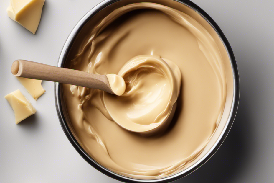 An image showcasing the step-by-step process of using raw cocoa butter: a hand gently melting a chunk of cocoa butter, pouring it into a mixing bowl, whisking it into a silky smooth consistency, and finally, applying it onto moisturized skin