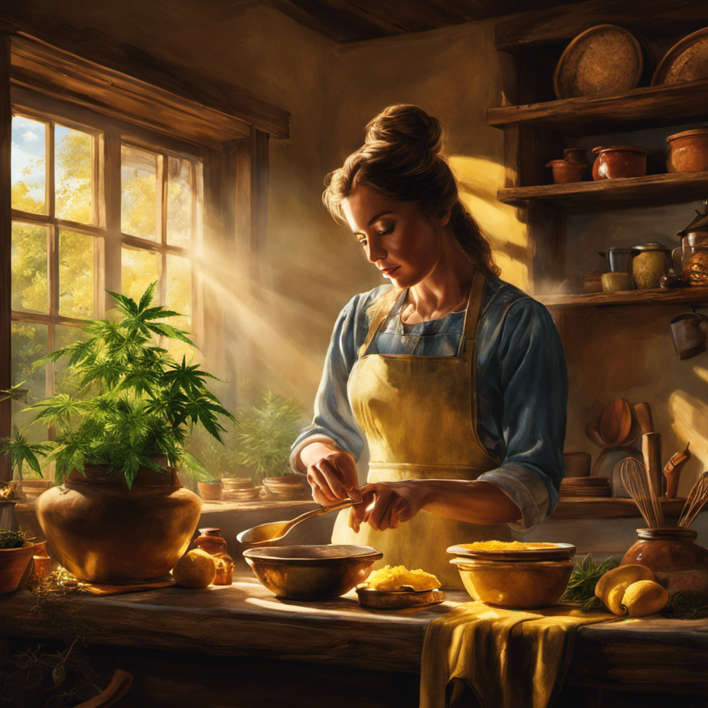 A vibrant image showcasing a rustic kitchen scene with a woman effortlessly whisking a pot of melted cannabis-infused butter