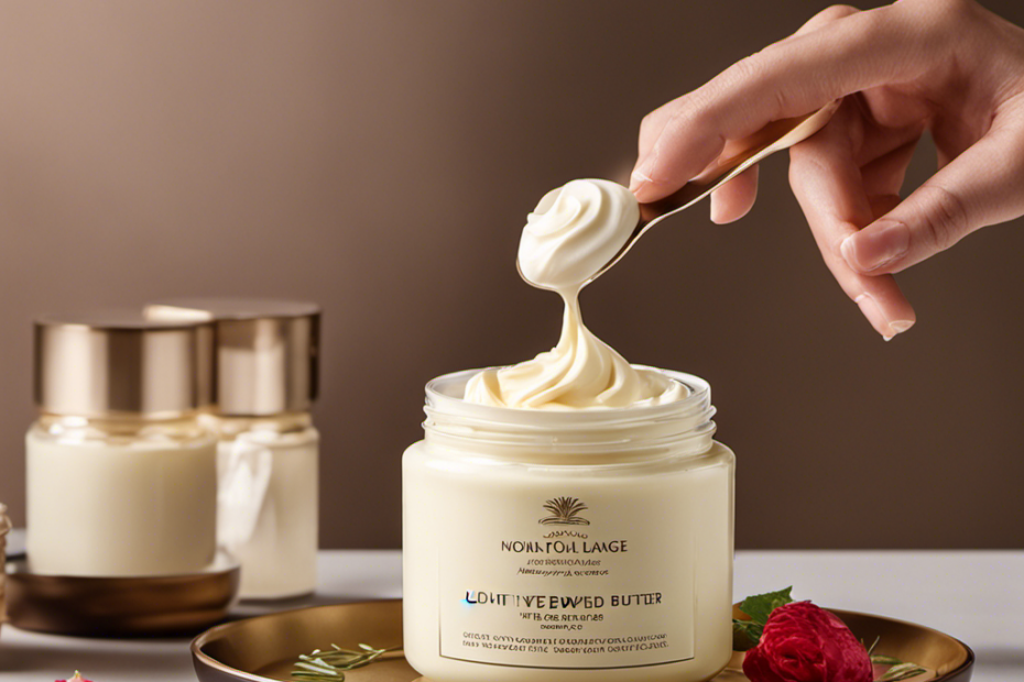 An image showcasing a pair of hands gently scooping a dollop of velvety whipped body butter from a glass jar, effortlessly gliding it onto smooth, radiant skin