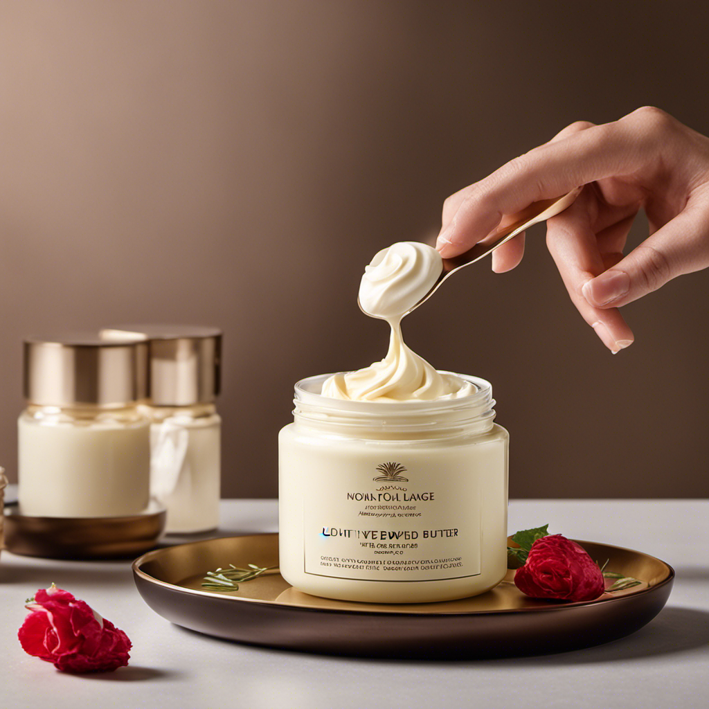 An image showcasing a pair of hands gently scooping a dollop of velvety whipped body butter from a glass jar, effortlessly gliding it onto smooth, radiant skin
