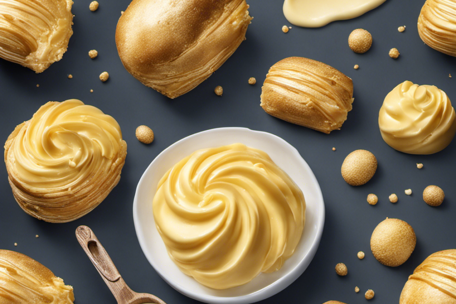An image capturing a pair of strong hands expertly whisking creamy butter by hand, the golden mixture gradually transforming into a fluffy cloud, with tiny droplets of melted butter glistening in the air