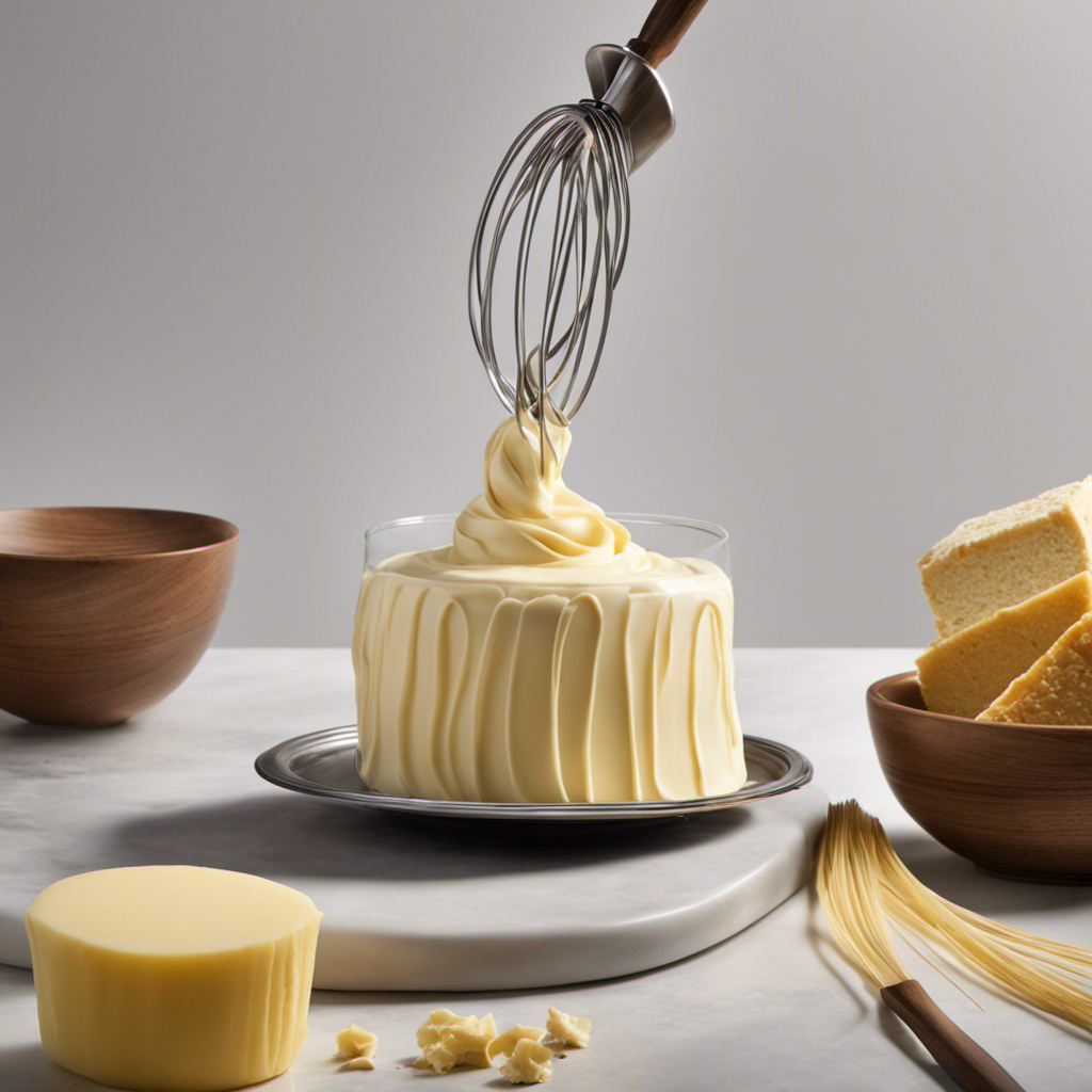 An image that showcases a pair of hands holding a metal whisk, vigorously whisking a stick of softened butter in a glass bowl