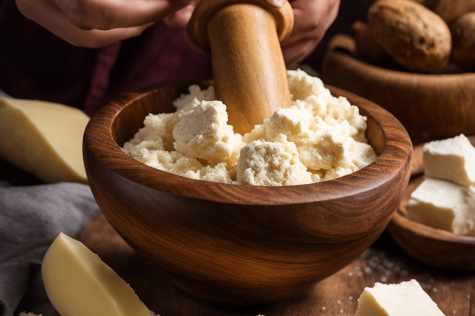 An image of hands firmly gripping a wooden mortar and pestle, surrounded by chunks of raw shea butter