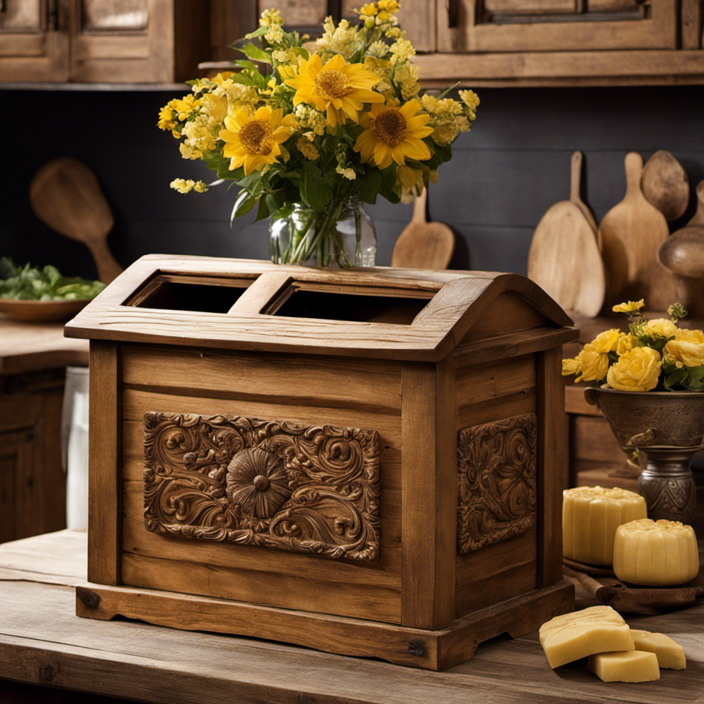An image showcasing a rustic wooden churn, adorned with intricate carvings, nestled on a farmhouse kitchen table