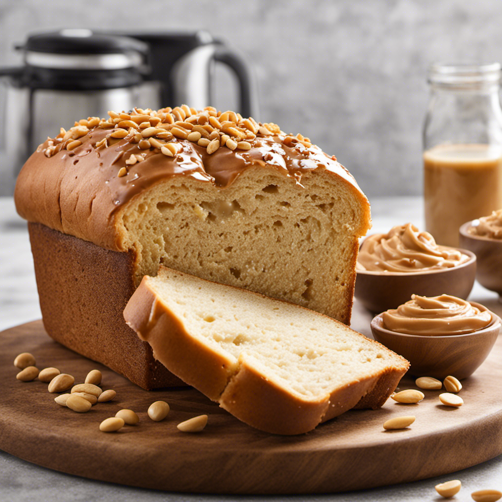 An image showcasing a bread maker filled with a soft, golden loaf, generously spread with creamy peanut butter and topped with delectable chanimon