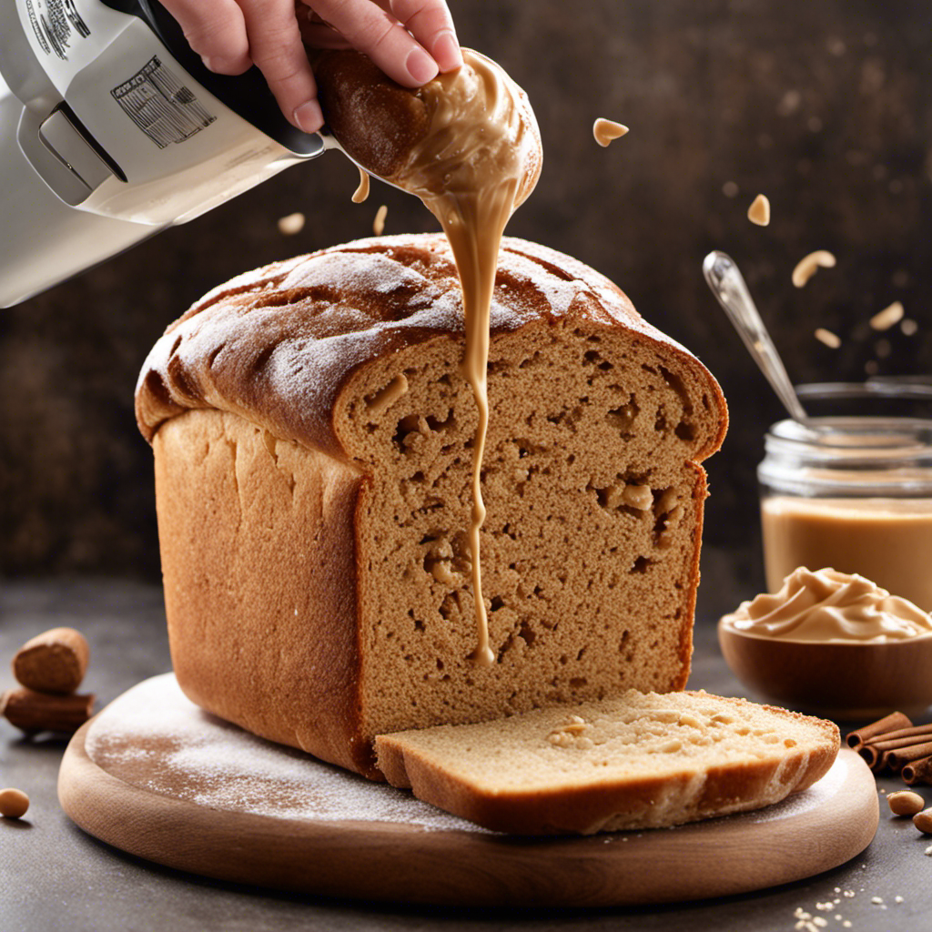 An image showcasing a bread maker pouring smooth, creamy peanut butter onto a dough mixture, while a sprinkle of playful chanimon (a cinnamon-like spice) dances in the air, encapsulating the tantalizing transformation awaiting your bread