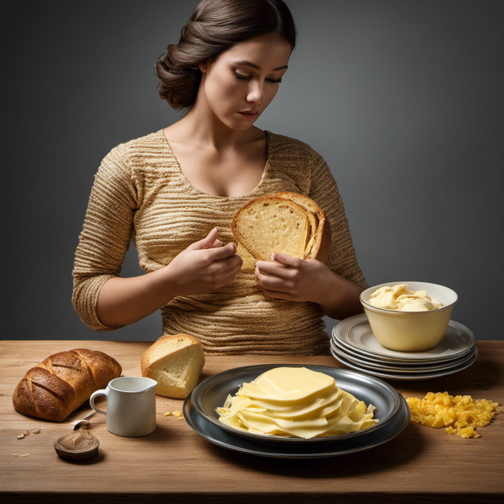 An image showcasing a person holding their bloated stomach, surrounded by empty butter wrappers, a plate of bread, and a stick of butter melting on the table