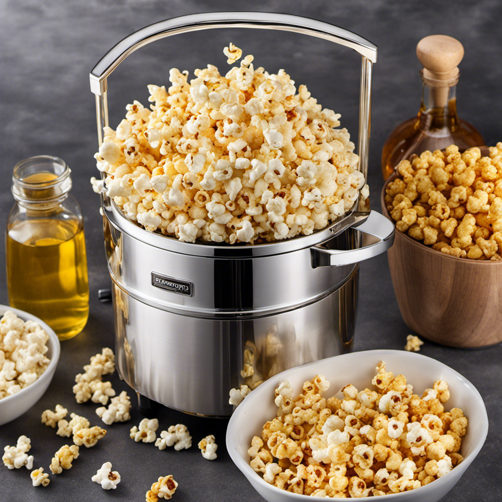 An image showcasing a shiny, stainless steel popcorn maker filled with fluffy, golden popcorn