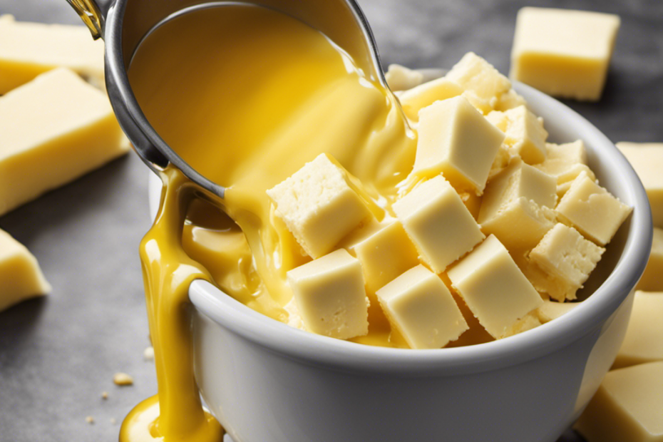 An image featuring a measuring cup filled with melted butter, pouring into a stack of butter sticks