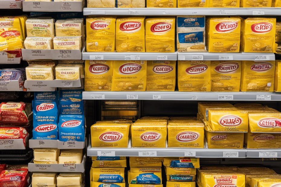 An image capturing the essence of convenience with a close-up shot of individual butter packets neatly stacked inside a refrigerated display unit at a bustling supermarket, showcasing a wide variety of brands and flavors