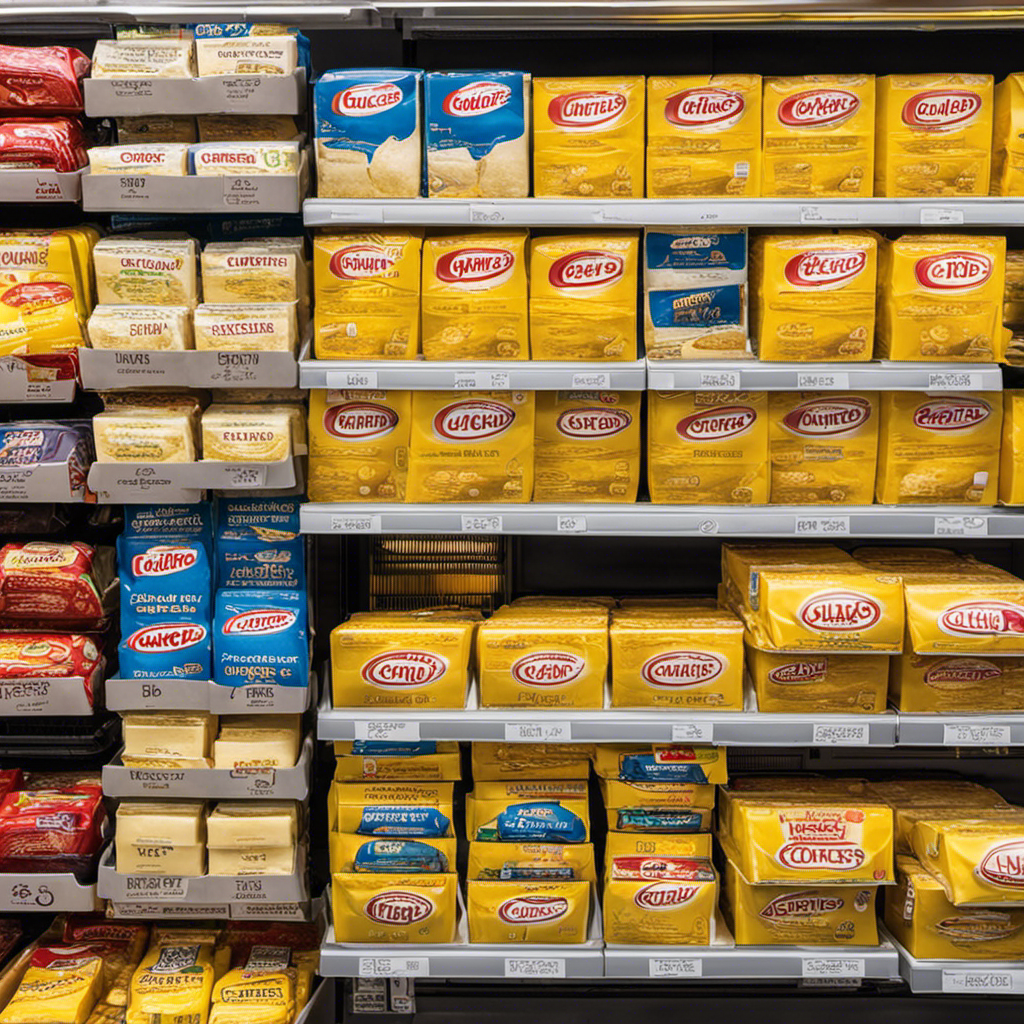 An image capturing the essence of convenience with a close-up shot of individual butter packets neatly stacked inside a refrigerated display unit at a bustling supermarket, showcasing a wide variety of brands and flavors