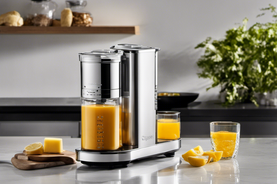 An image showcasing the sleek and modern design of the Infusion Buds Butter Infuser Machine, with its stainless steel exterior gleaming under the soft kitchen lights, inviting users to explore its functionality and reliability