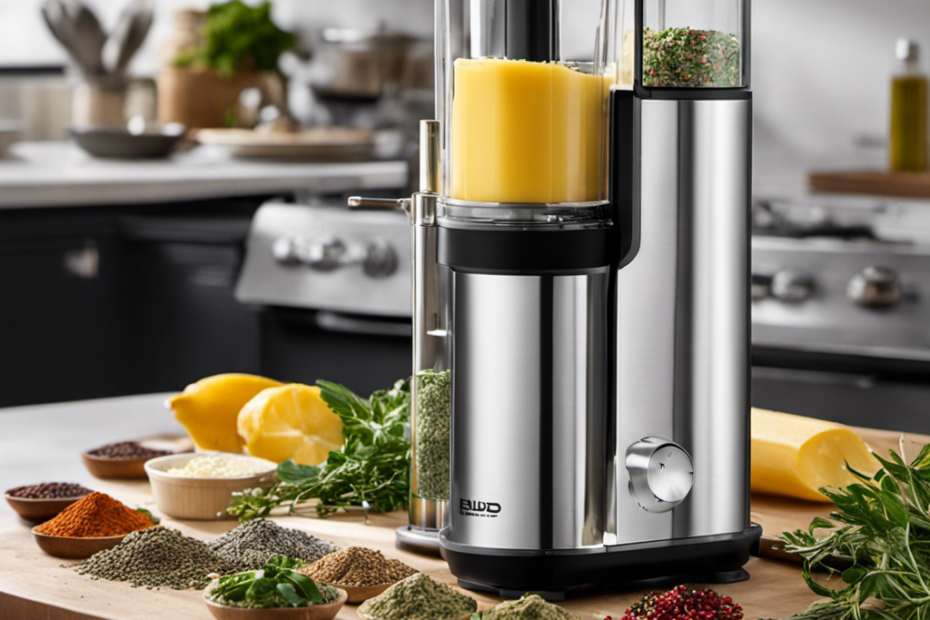 An image showcasing the Infusion Buds Butter Infuser Machine in action: a sleek, stainless steel device standing on a kitchen countertop, surrounded by an array of vibrant herbs, spices, and aromatic ingredients waiting to be infused into silky, homemade butter