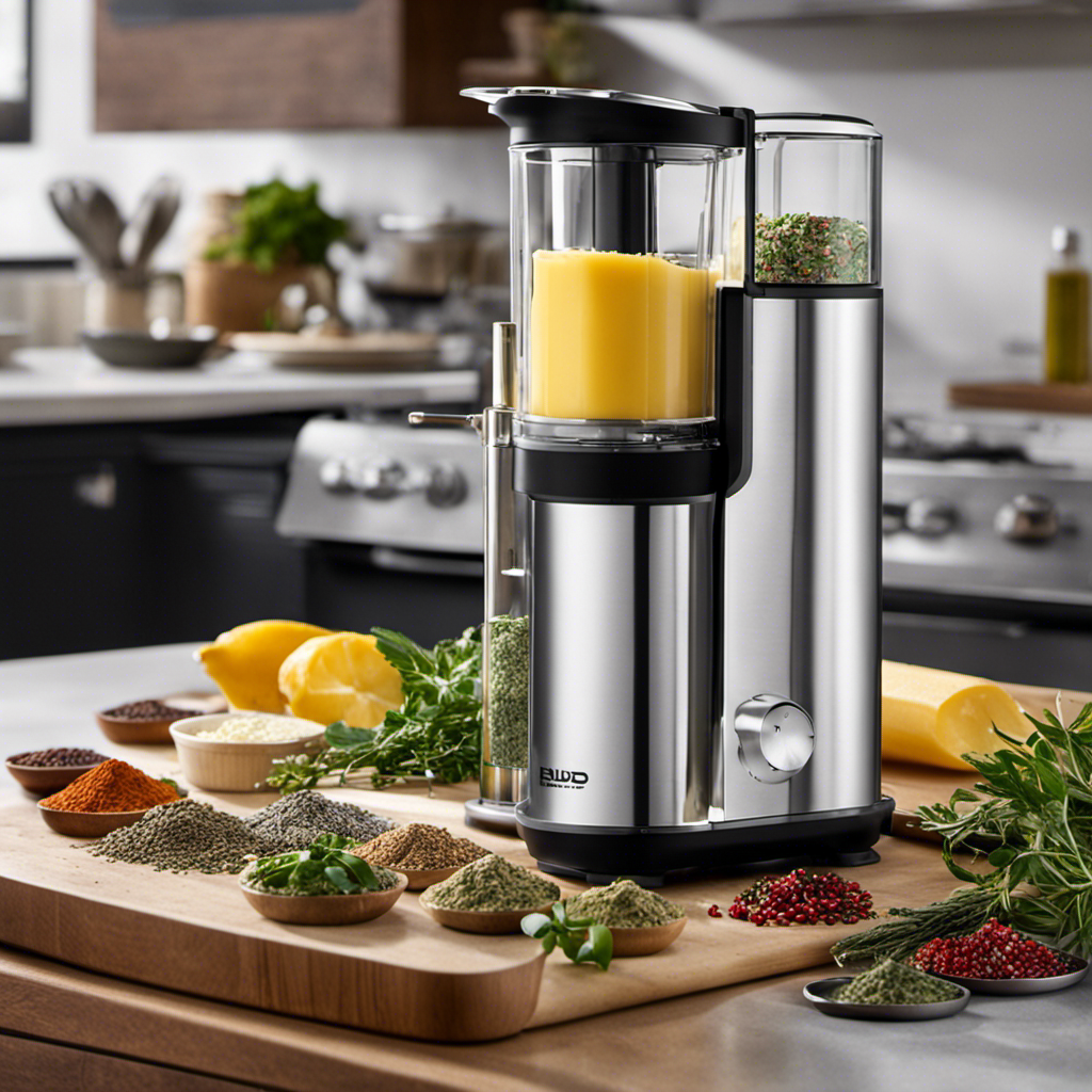 An image showcasing the Infusion Buds Butter Infuser Machine in action: a sleek, stainless steel device standing on a kitchen countertop, surrounded by an array of vibrant herbs, spices, and aromatic ingredients waiting to be infused into silky, homemade butter