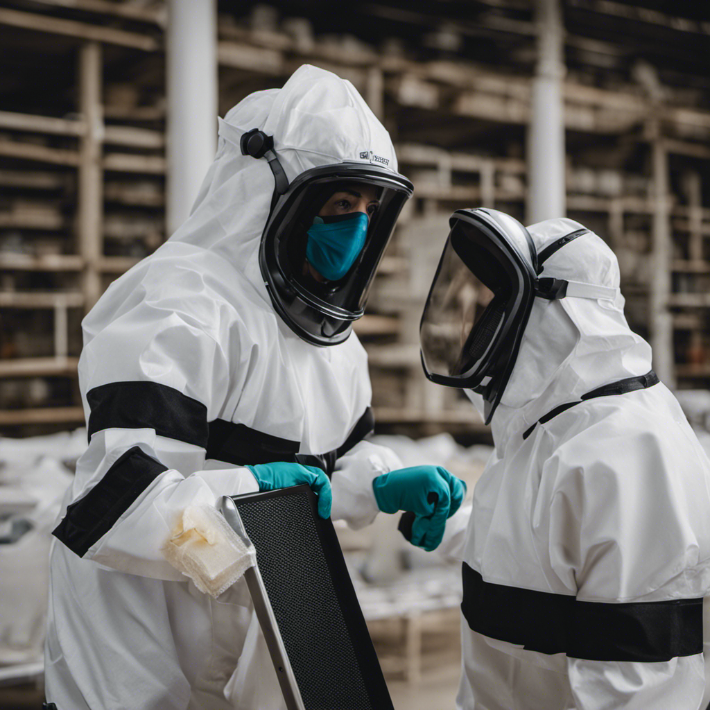 An image showcasing a person wearing protective gear, holding an air purifier, while carefully cleaning bat feces off a surface