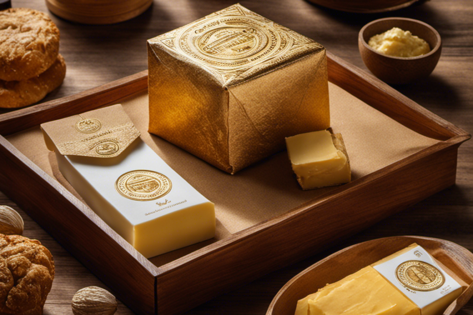An image showcasing the exquisite Le Beurre Bordier Butter - a golden block wrapped in traditional paper, adorned with the brand's iconic logo, displayed on a rustic wooden countertop, surrounded by an array of gourmet ingredients