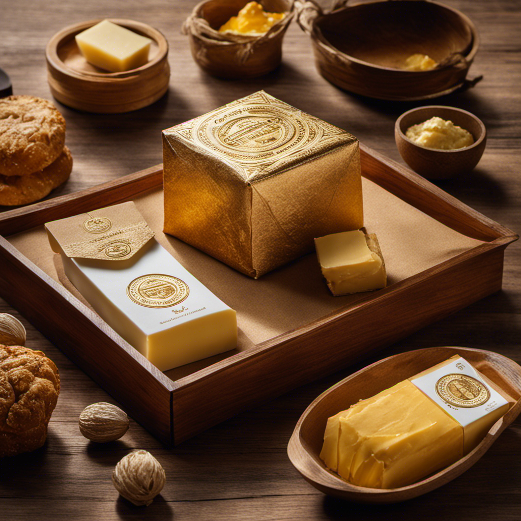 An image showcasing the exquisite Le Beurre Bordier Butter - a golden block wrapped in traditional paper, adorned with the brand's iconic logo, displayed on a rustic wooden countertop, surrounded by an array of gourmet ingredients
