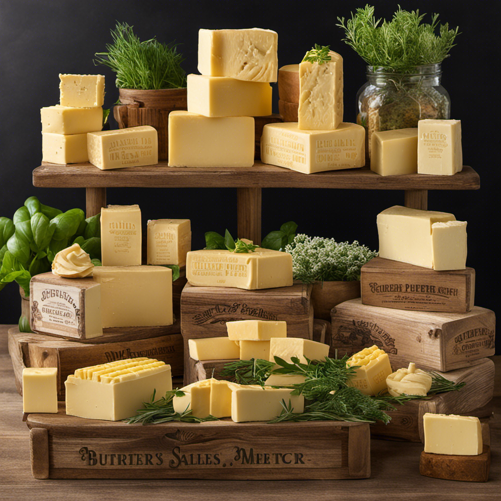 An image that showcases a rustic farmer's market scene, filled with vibrant displays of Les Pres Sales butter