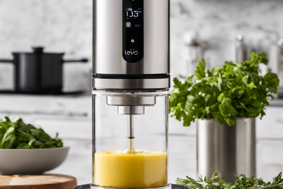 An image showcasing the Levo Butter Infuser in action: a sleek, stainless steel appliance sitting on a kitchen countertop, with fragrant herbs and butter gently infusing together, releasing enticing aromas