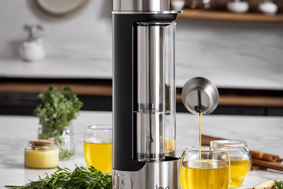 An image showcasing the Levo Oil and Butter Infuser: A sleek, stainless steel appliance glistening on a countertop, with aromatic herbs and spices artfully arranged nearby, ready to infuse delectable flavors into your culinary creations