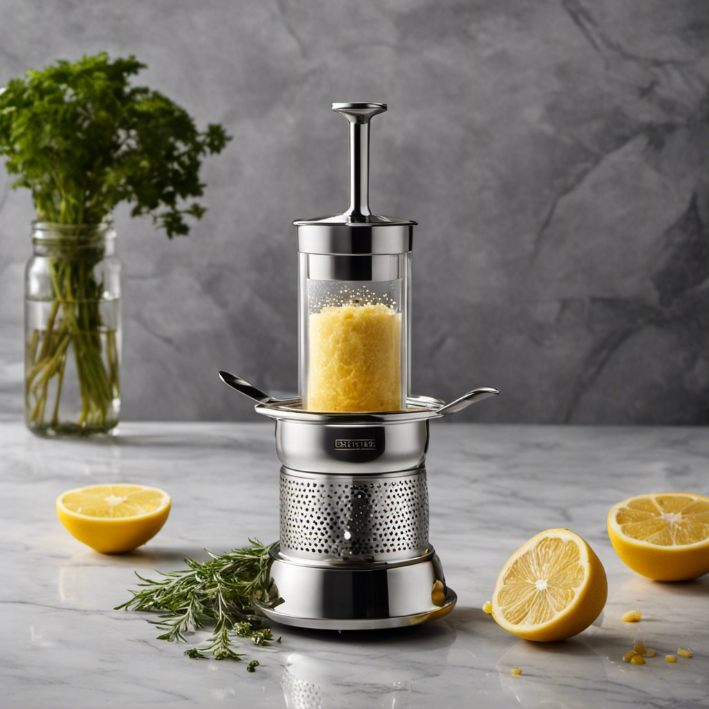 an image capturing the enchanting process of the Magic Butter Infuser: a gleaming stainless steel device sitting on a marble countertop, surrounded by an ethereal mist, as it gently infuses herbs into golden liquid