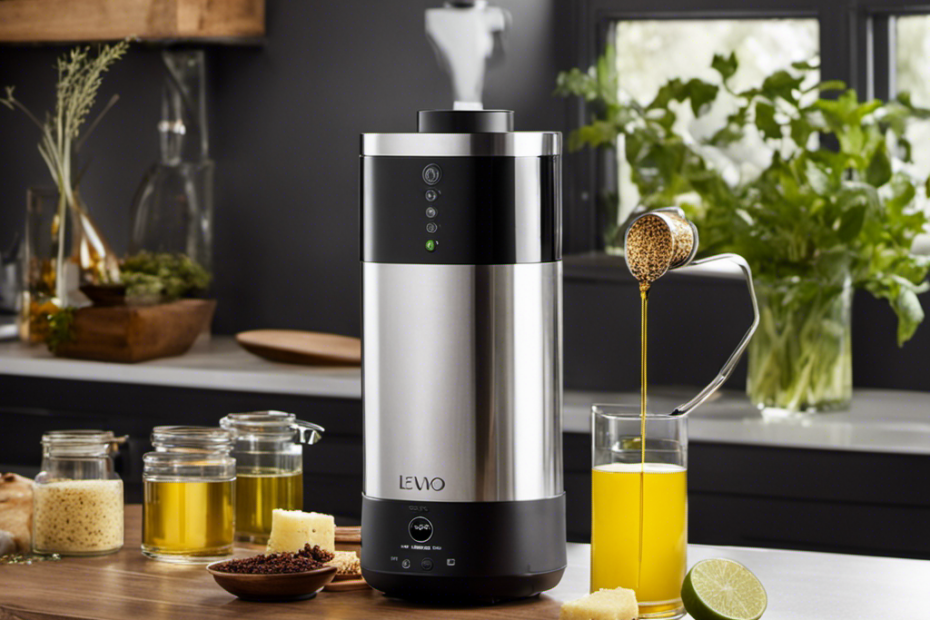 An image contrasting the Magic Butter Machine and Levo Oil Infuser: a sleek, futuristic Levo Oil Infuser, radiating a soft glow, stands beside a rustic, enchanting Magic Butter Machine, surrounded by swirling herbs, spices, and a hint of magic