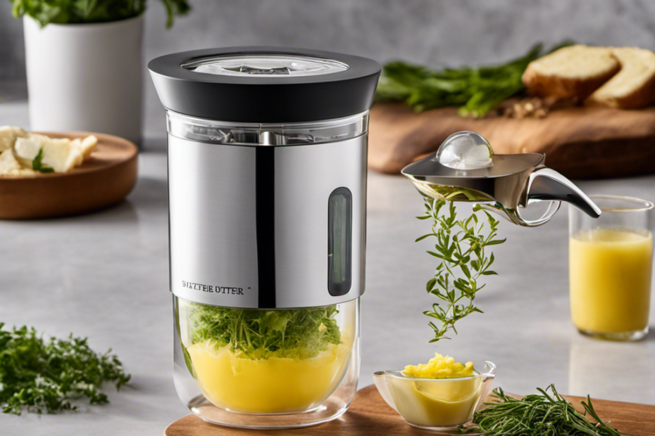 An image showcasing the Magic Butter One Cup Infuser in action: a sleek, compact machine with a transparent lid revealing a swirling blend of fresh herbs and butter, emitting a tantalizing aroma, while a soft glow emanates from its control panel